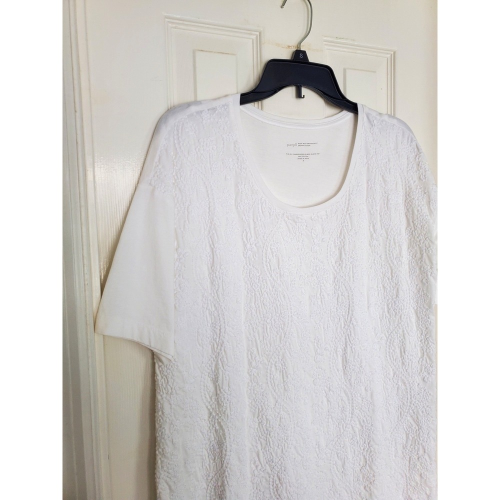 Pure Jill Elbow Sleeve Top White Excellent Embroidered Organic Cotton M